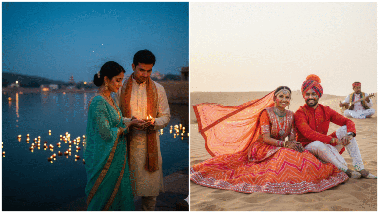 2 Royal Rajasthani Couple Prompts for Gemini AI – Desert Sunset & Sacred Aarti Glow