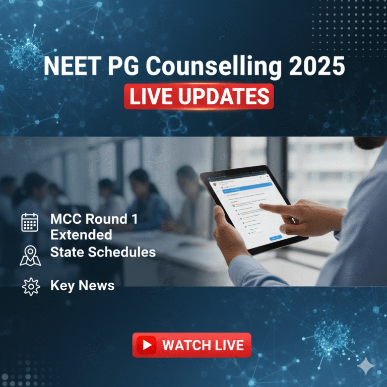 NEET PG Counselling 2025 Live Updates: MCC Round 1 Extended, State Schedules & Latest News
